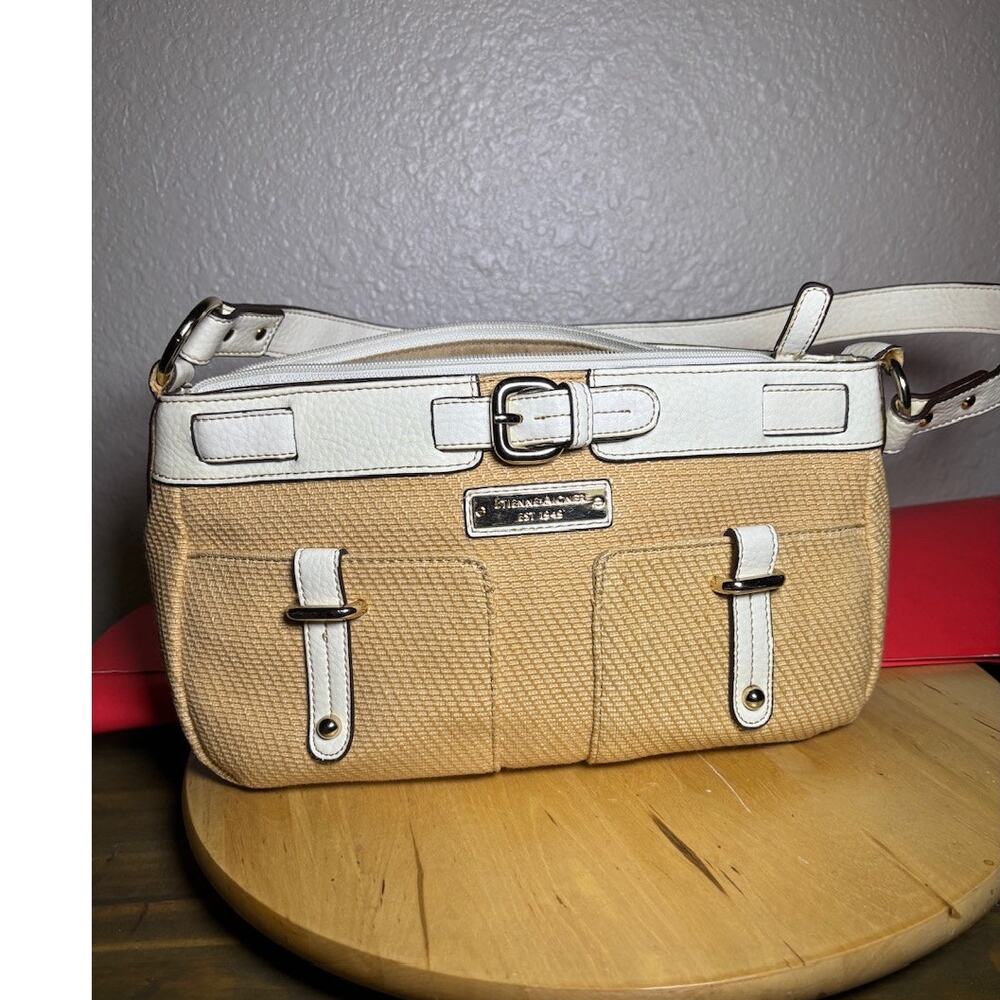 Etienne Aigner White and Tan Textile Woven Shoulder Bag